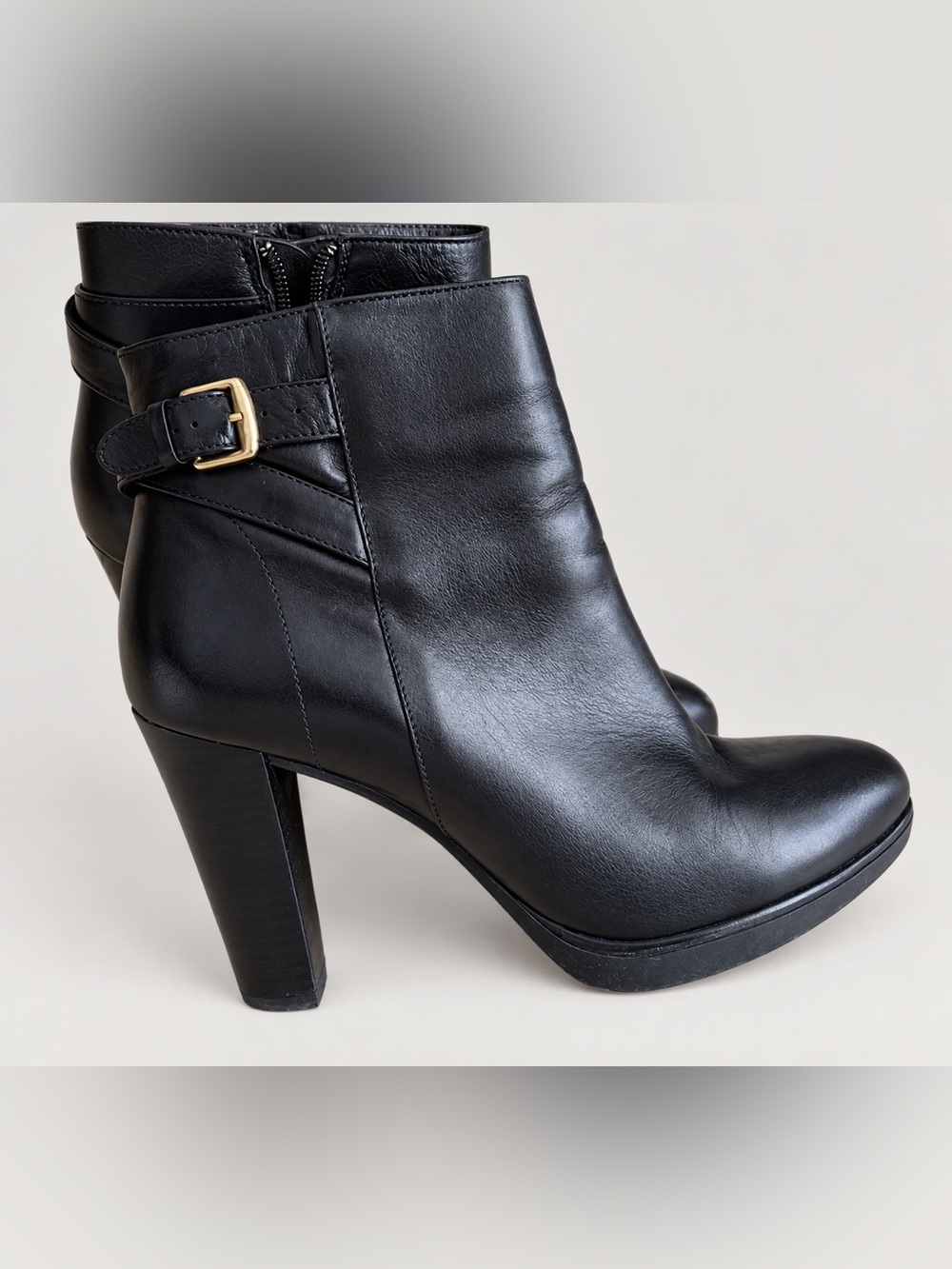 BOCAGE - Black Leather Ankle Boots | Heeled Buckle Booties